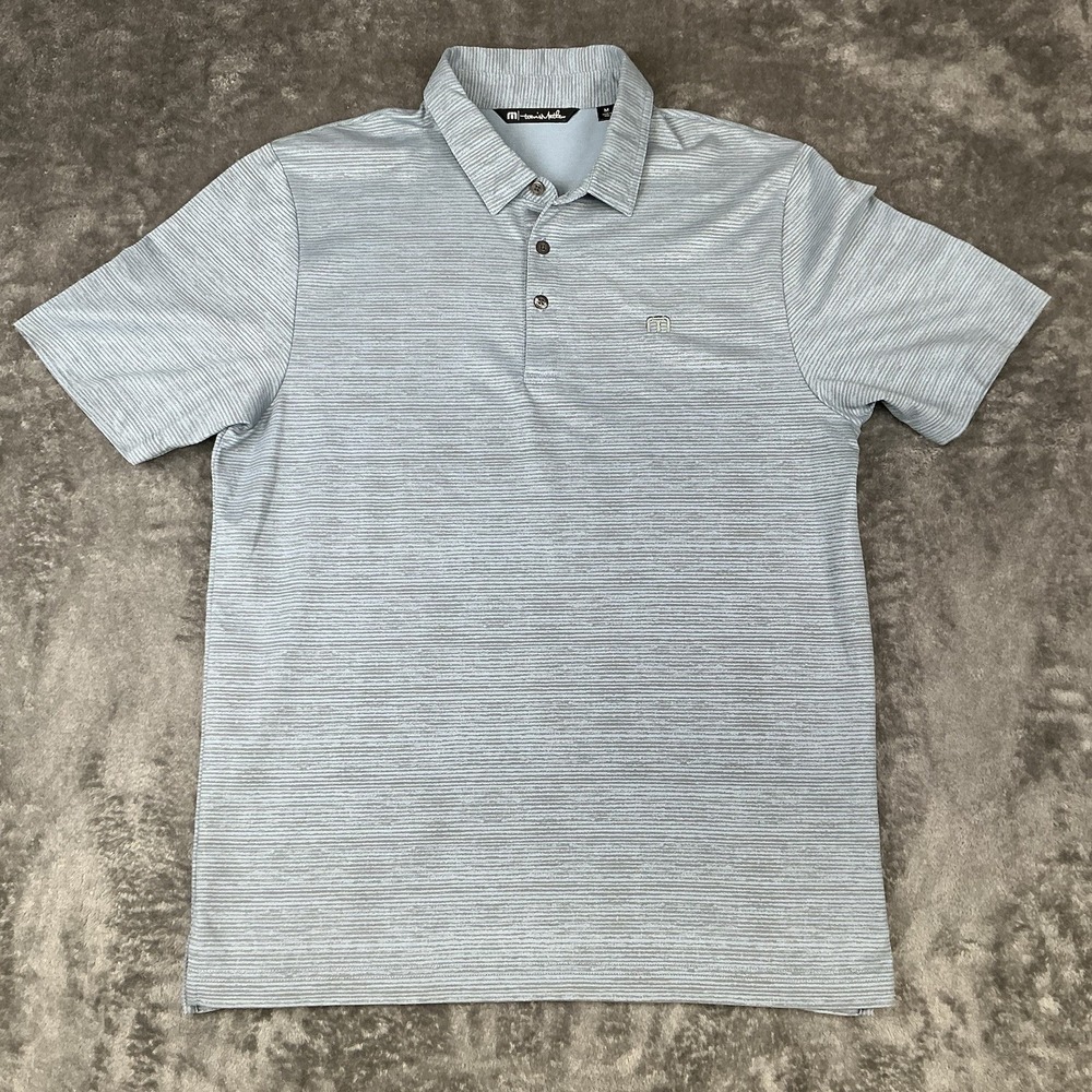 Travis Mathews Polo Shirt Men's Medium Comfort Golf Moisture Wicking Blue Stripe